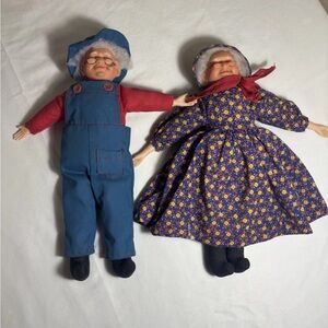 Vintage Grandma & Grandpa Cloth Body Dolls 14” Farm Couple Hand Sewn Primative